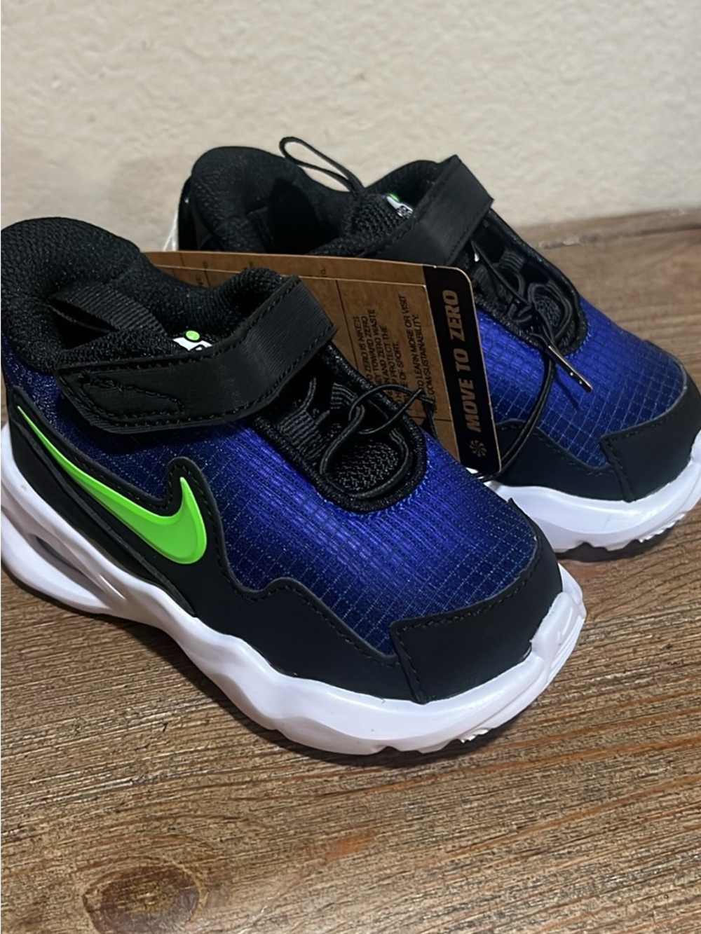 Nike Kids Blue and Black Sneakers with Neon Green Swoosh